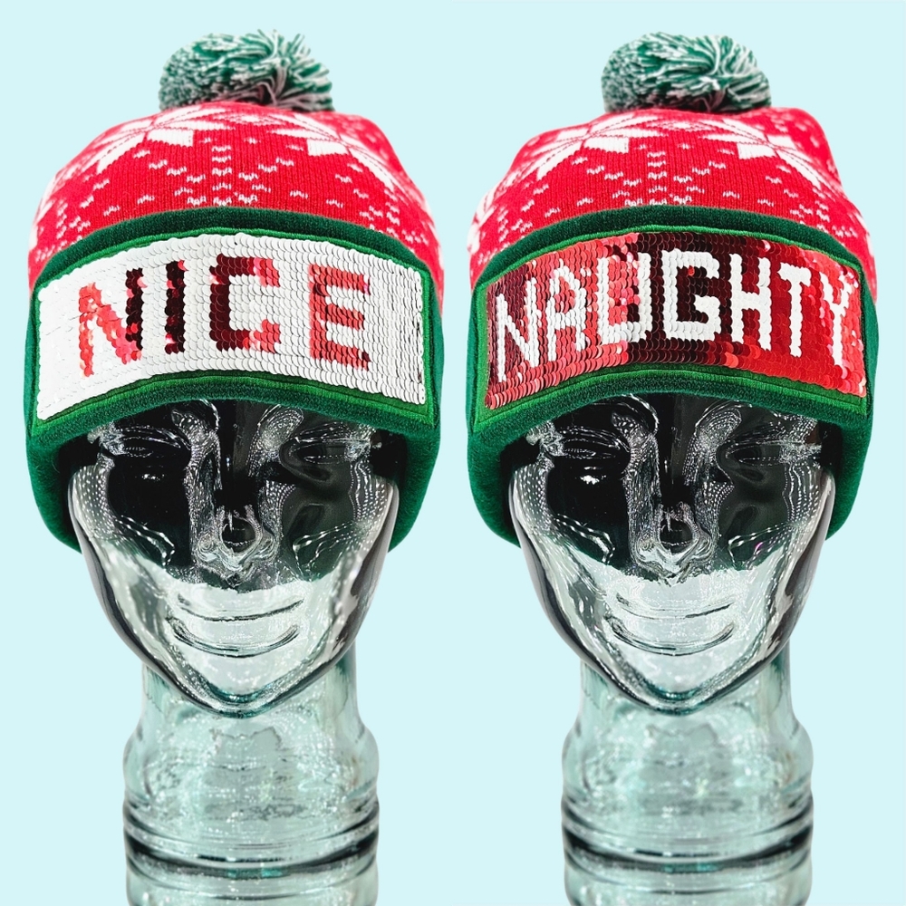 Christmas Hat Beanie Red Green Reversible Sequin Snowflake Cuffed Pom Cuffbow